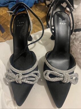 a new day Black Satin Pointed Toe Anklet Heels with Rhinestone Bow Accent